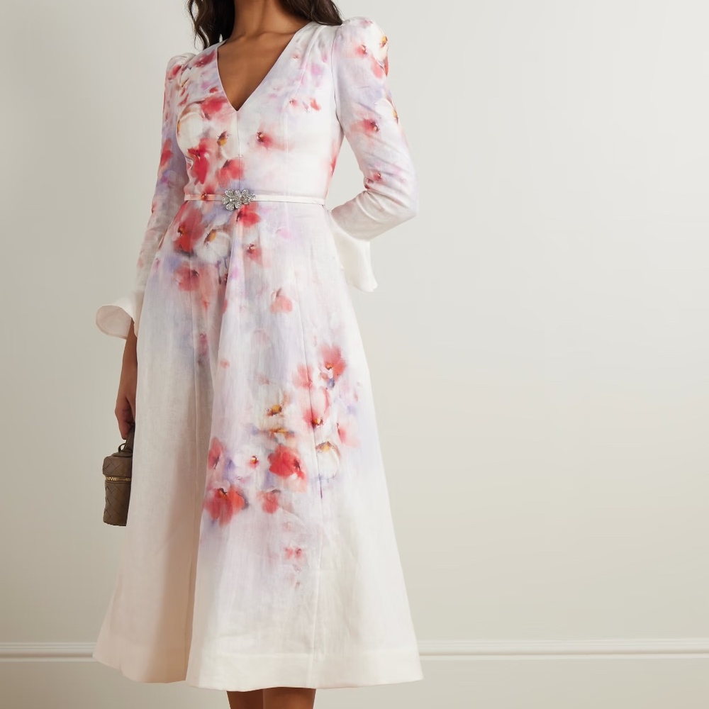 Zimmermann Frill Sleeved Midi Dress Size 6 Scarlet Floral Wedding Guest Dress